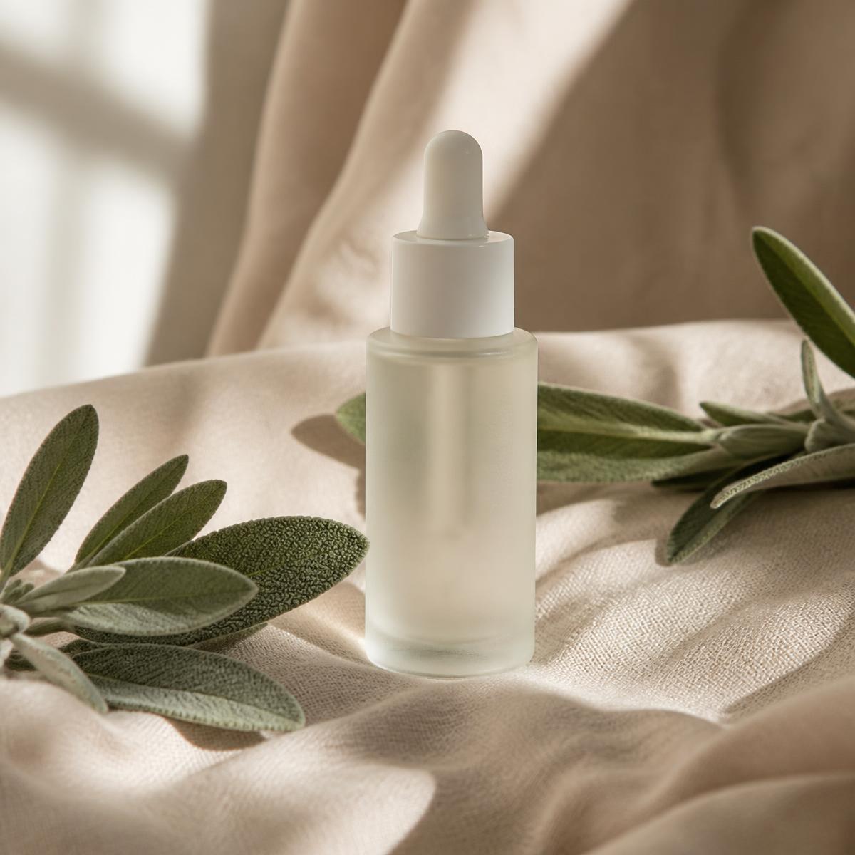 Frasco de sérum sobre lino beige con hojas de salvia